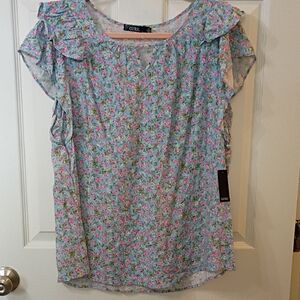 Blue Floral Ruffle Sleeve Women's Top